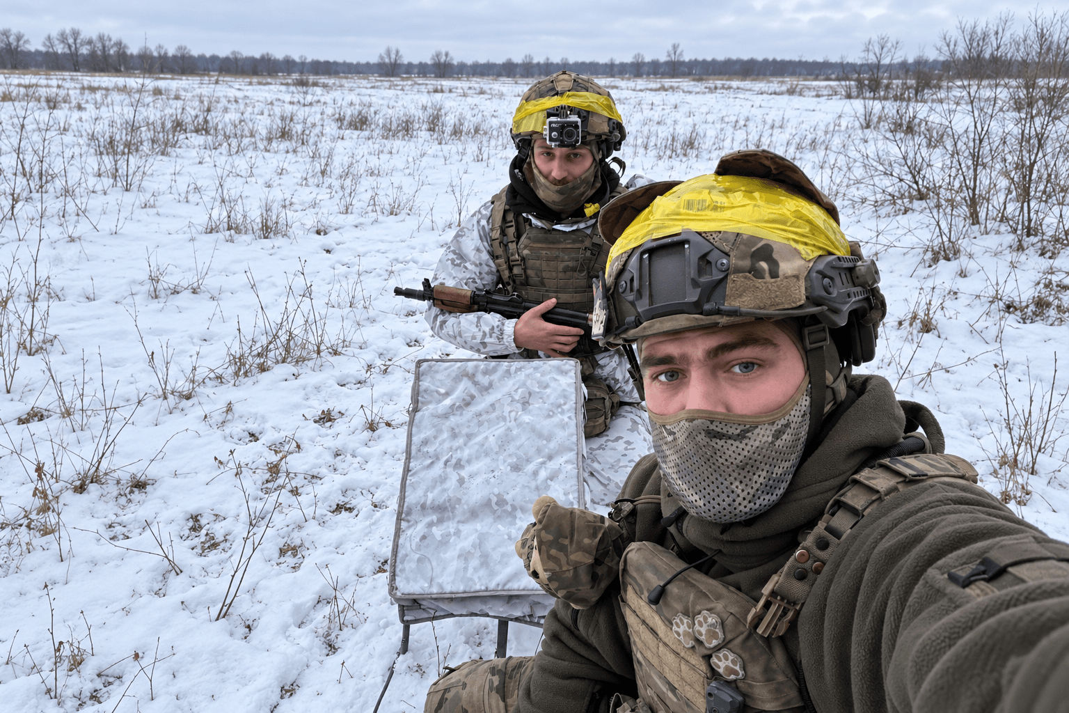 Двоє військових на засніженому полі